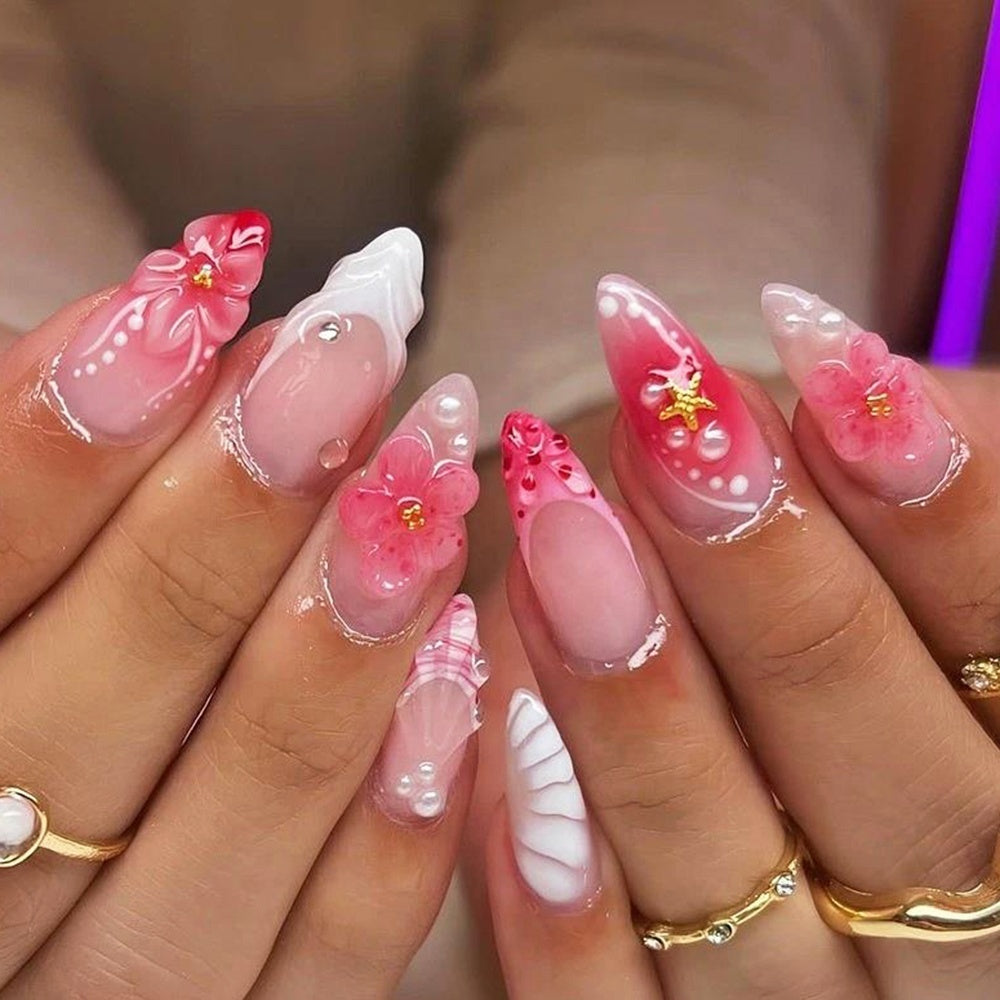 Hand-Painted Soft Gel Short Almond Press Nails High Quality