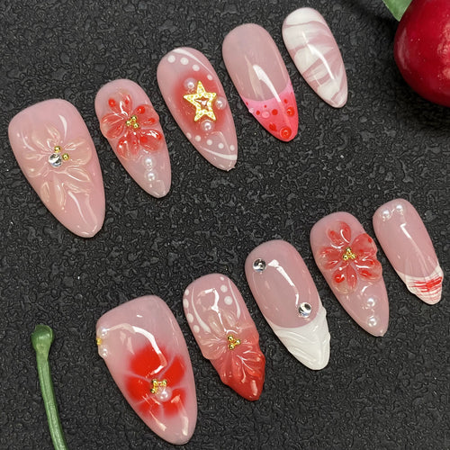 Hand-Painted Soft Gel Short Almond Press Nails High Quality